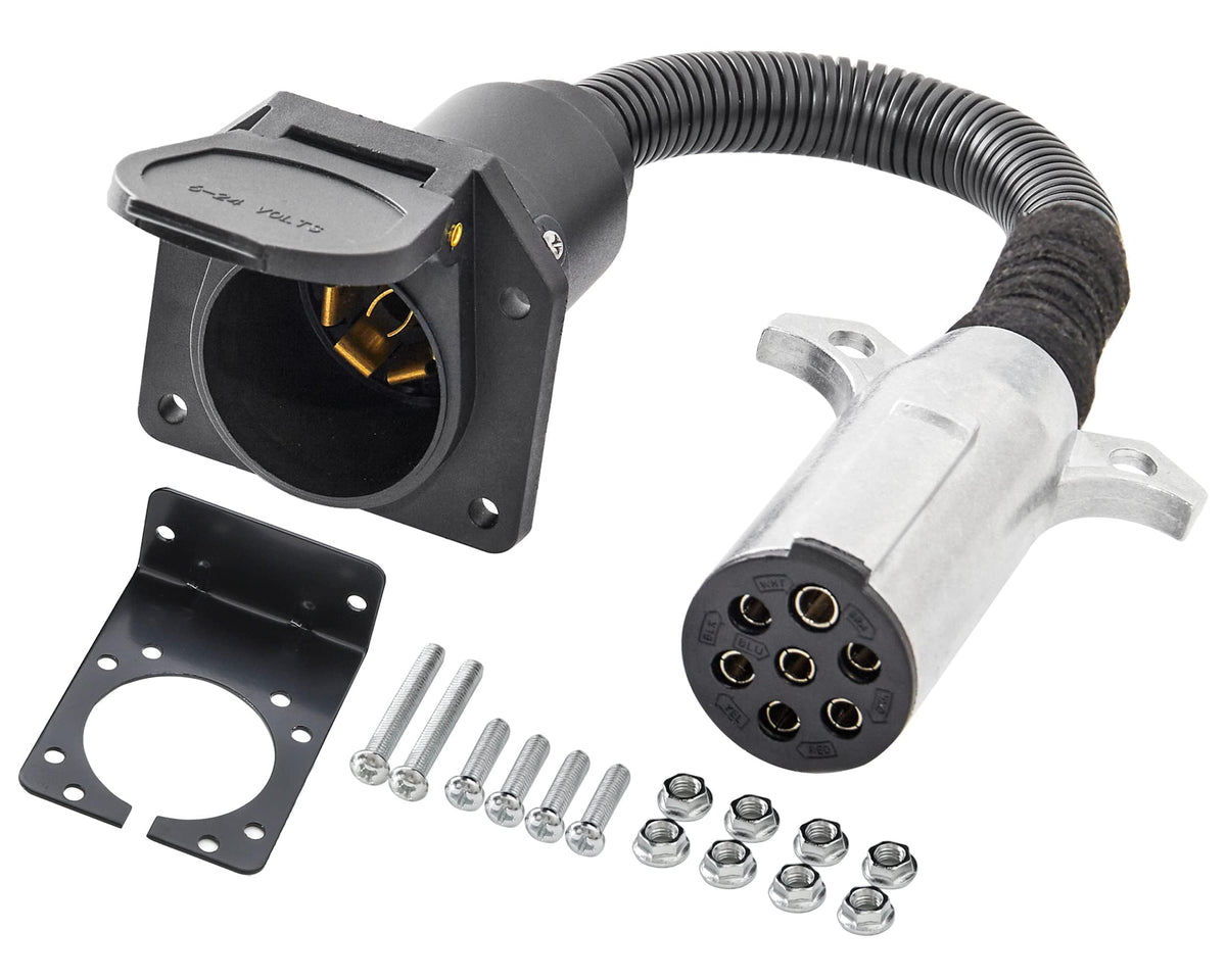 Oyviny 7-pin round to 7-pin blade adapter with mounting bracket for easy trailer hookups.