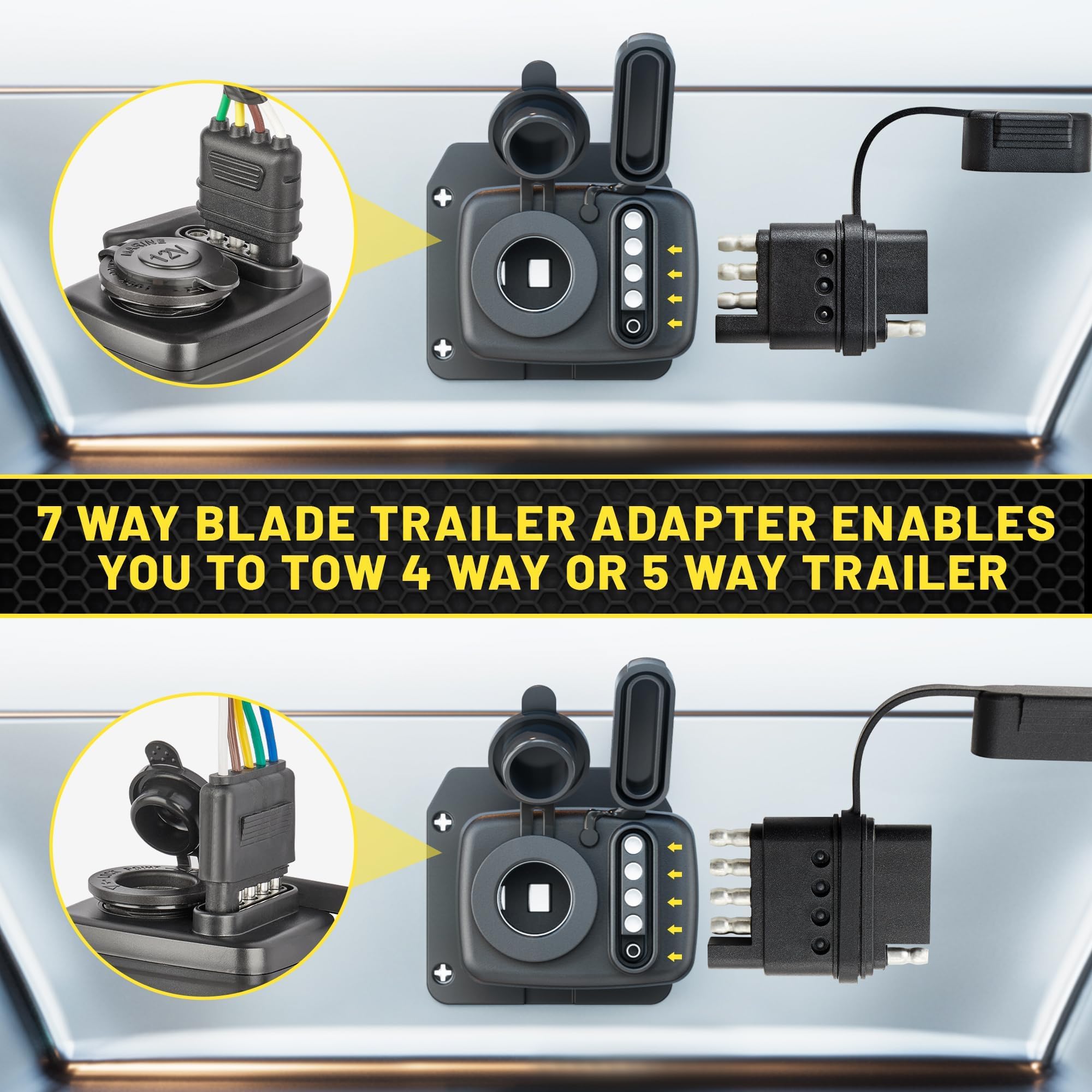 Oyviny trailer connector converter enabling 4/5-pin hookup from a 7-pin plug.