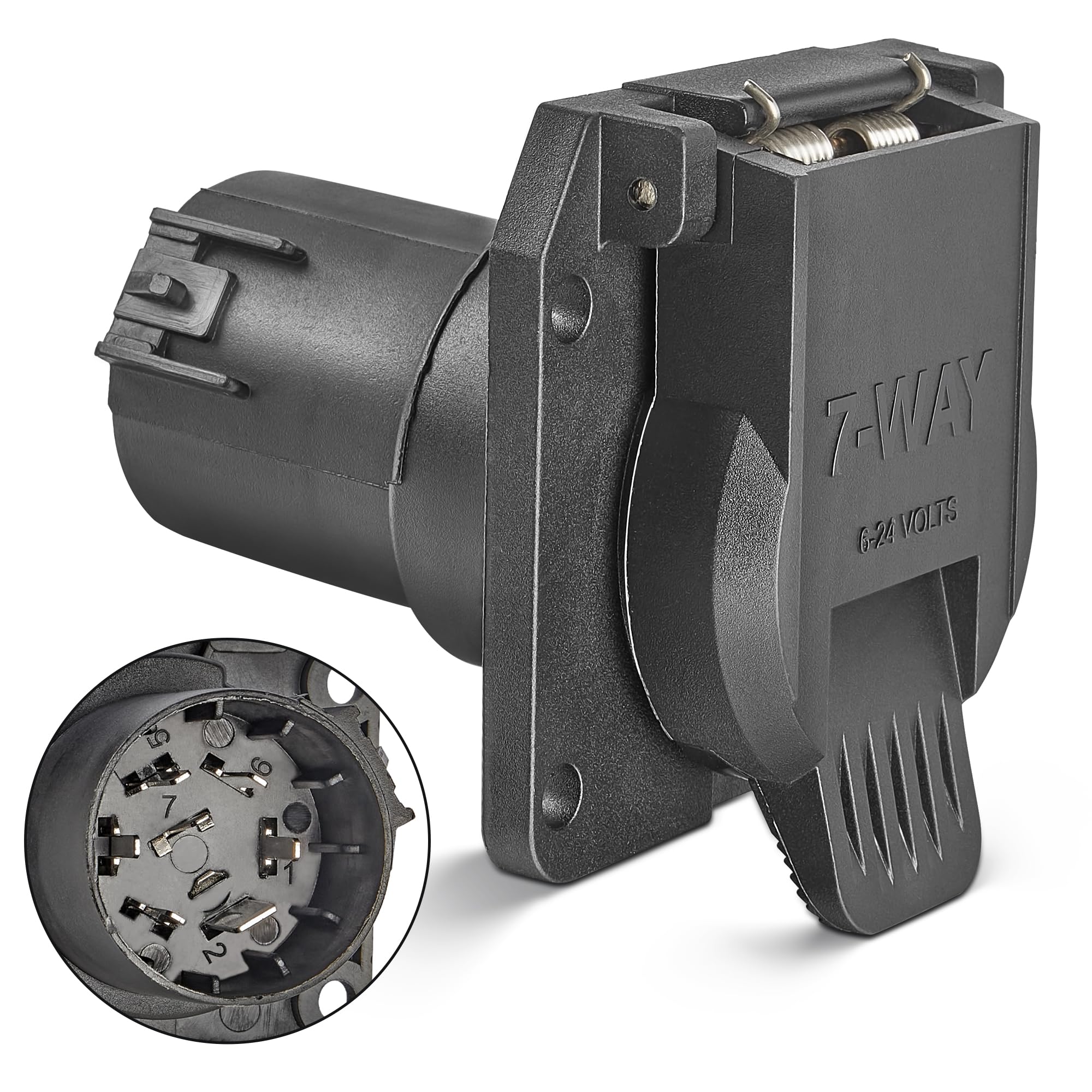 Oyviny USCAR 7-pin connector front view showing plug-and-play towing compatibility