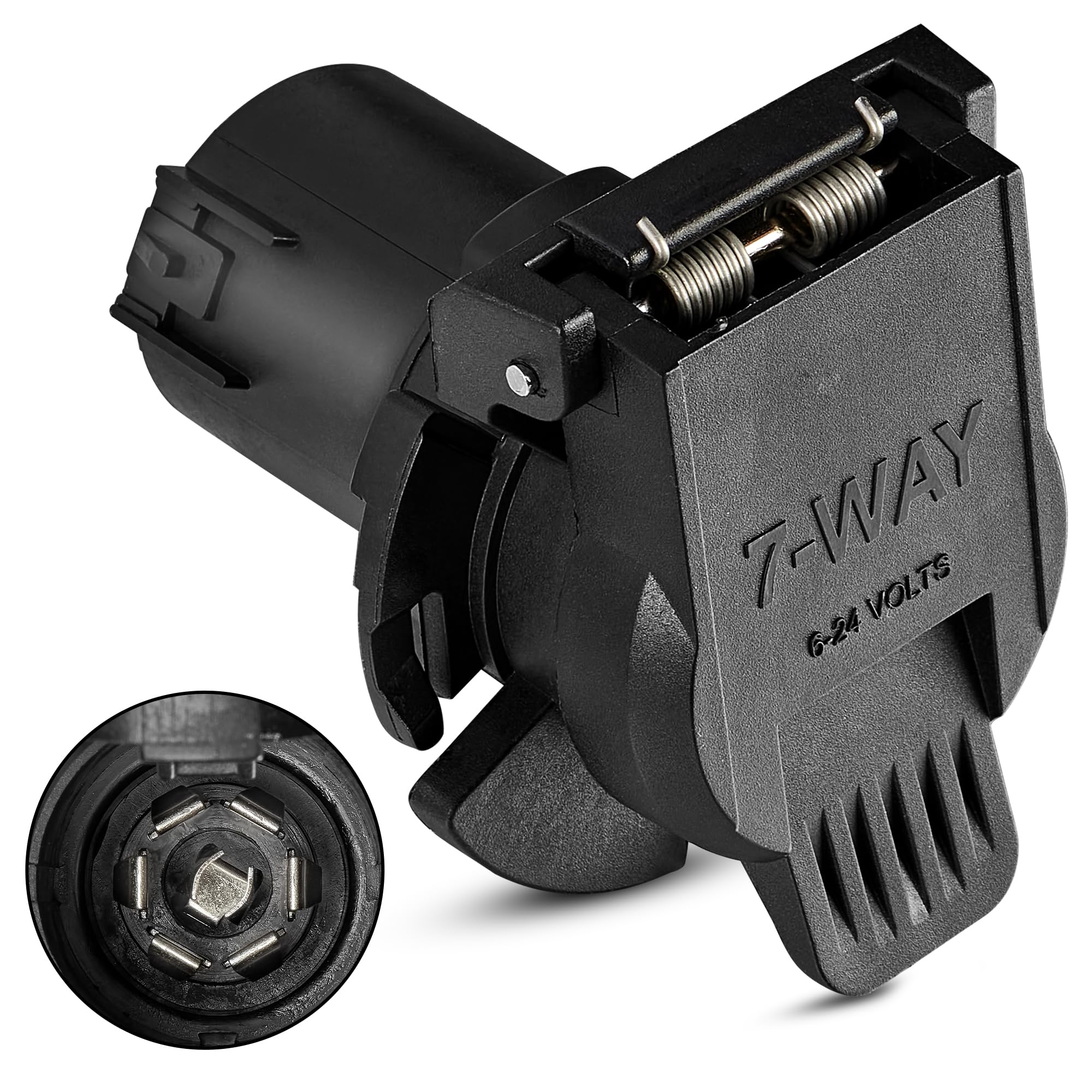 Oyviny USCAR to RV 7-Way adapter with twist lock for secure towing connections.