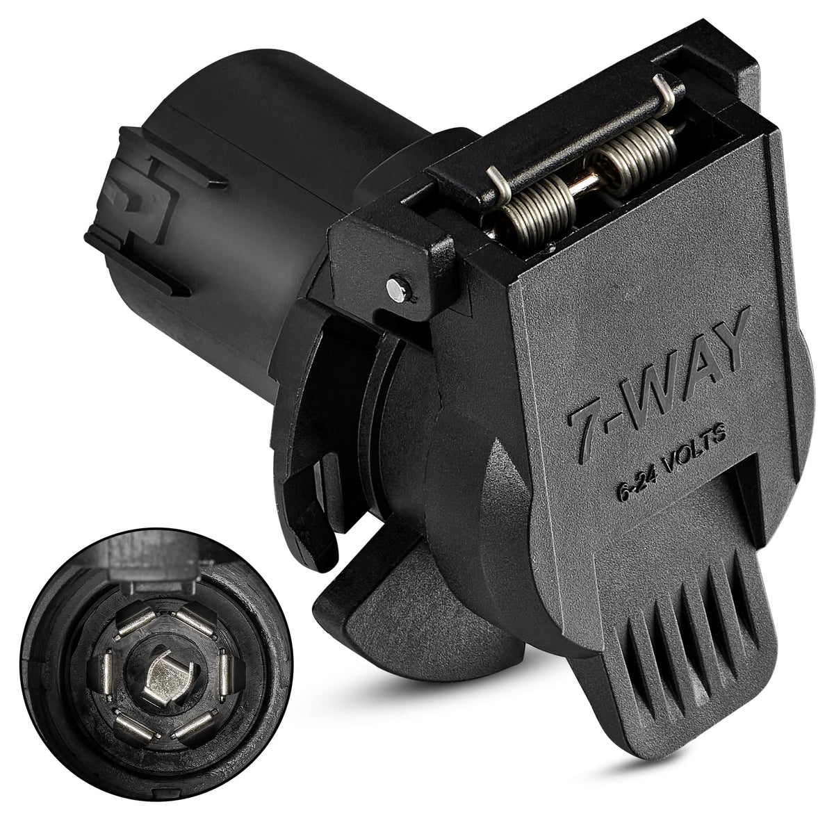 Oyviny USCAR to RV 7-Way adapter with twist lock for secure towing connections.