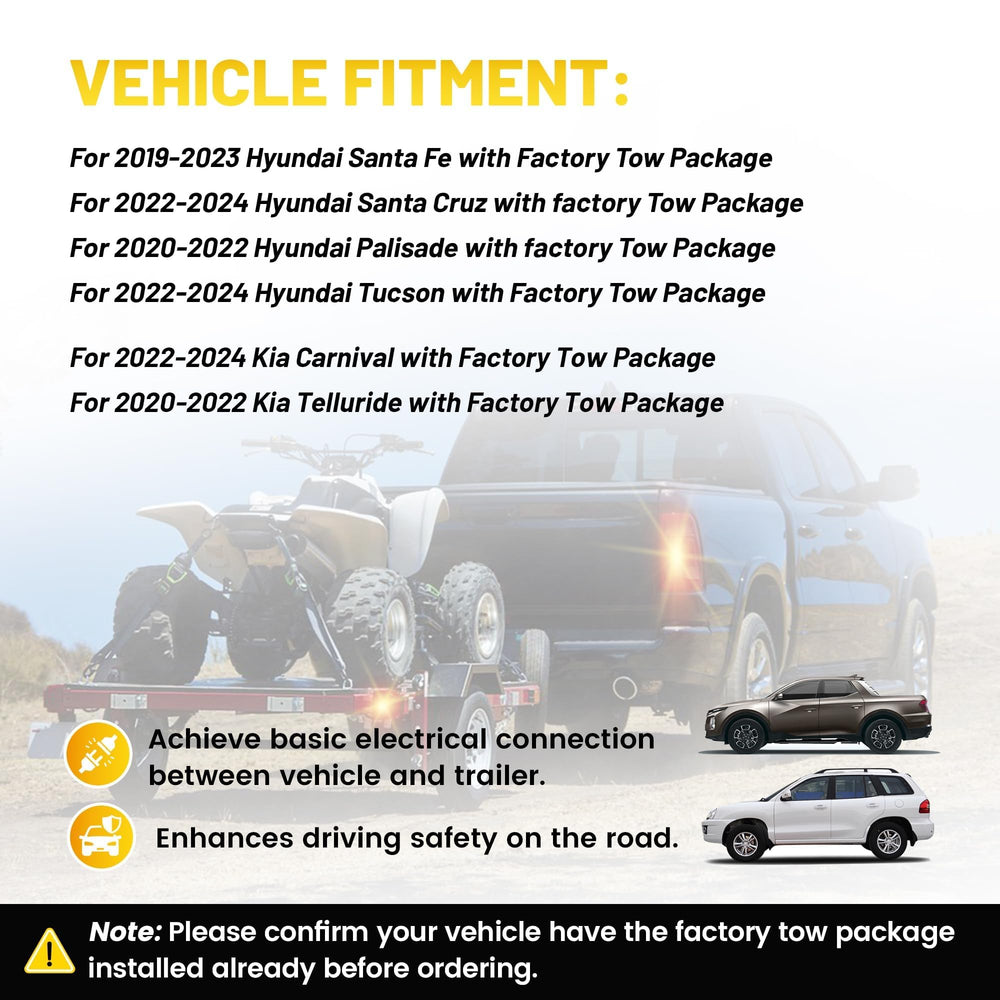 Oyviny vehicle-fit chart shows Santa Fe, Palisade, Santa Cruz compatibility for towing.