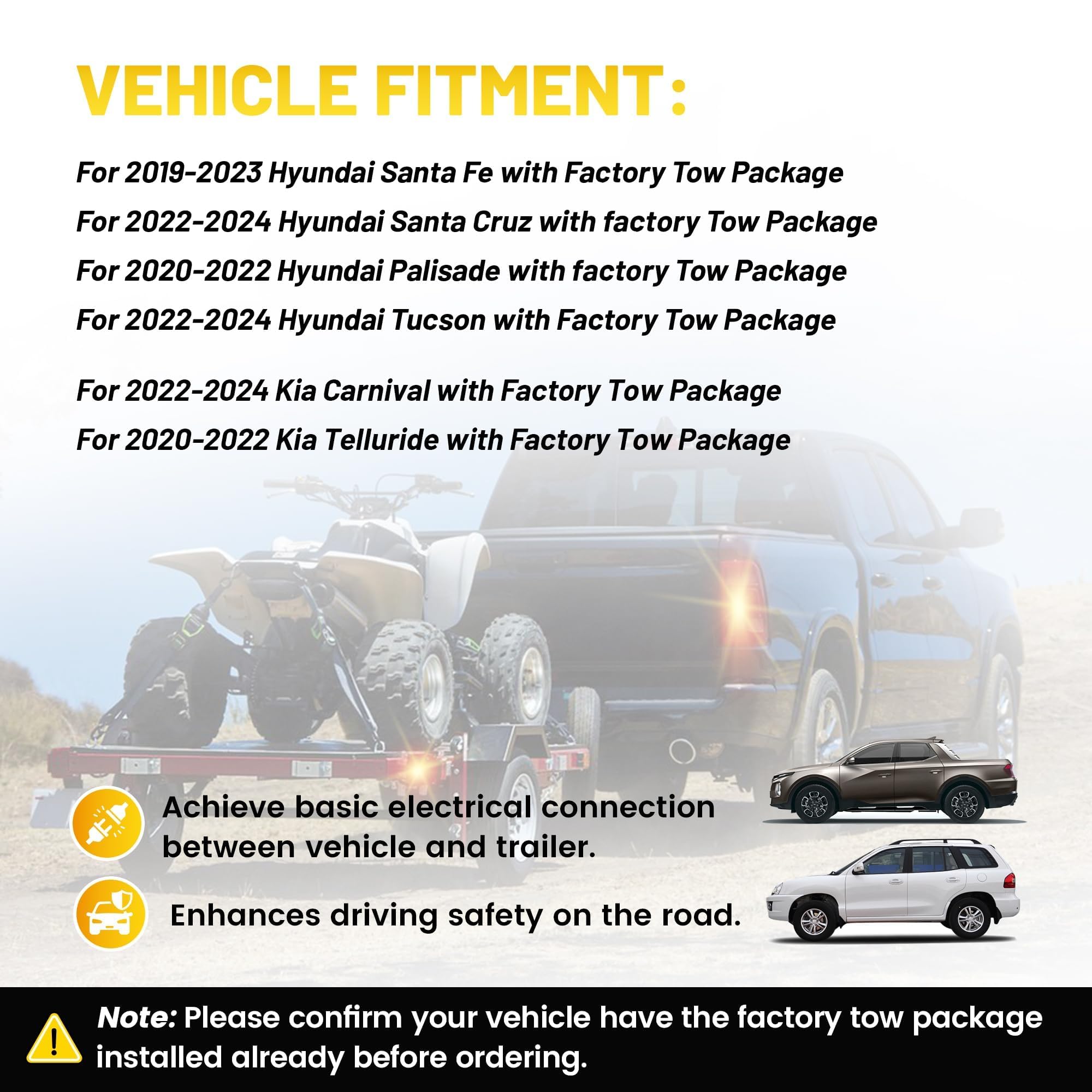 Oyviny vehicle-fit chart shows Santa Fe, Palisade, Santa Cruz compatibility for towing.