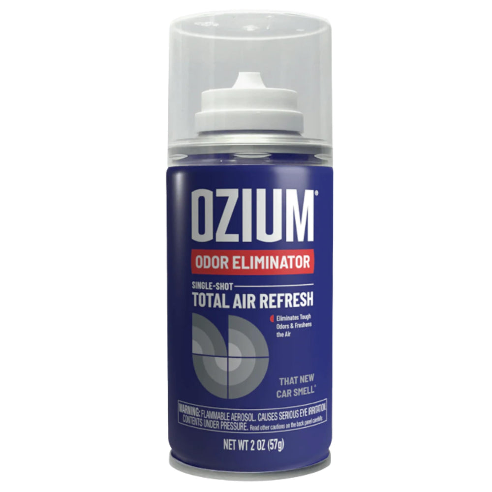 Ozium 2 oz air sanitizer bottle delivering quick odor neutralization for cars