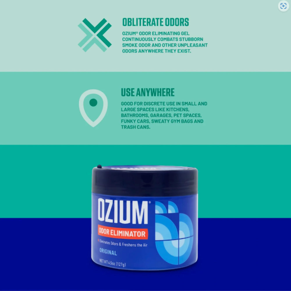 Ozium gel with adjustable lid shows customizable fragrance levels for rooms.