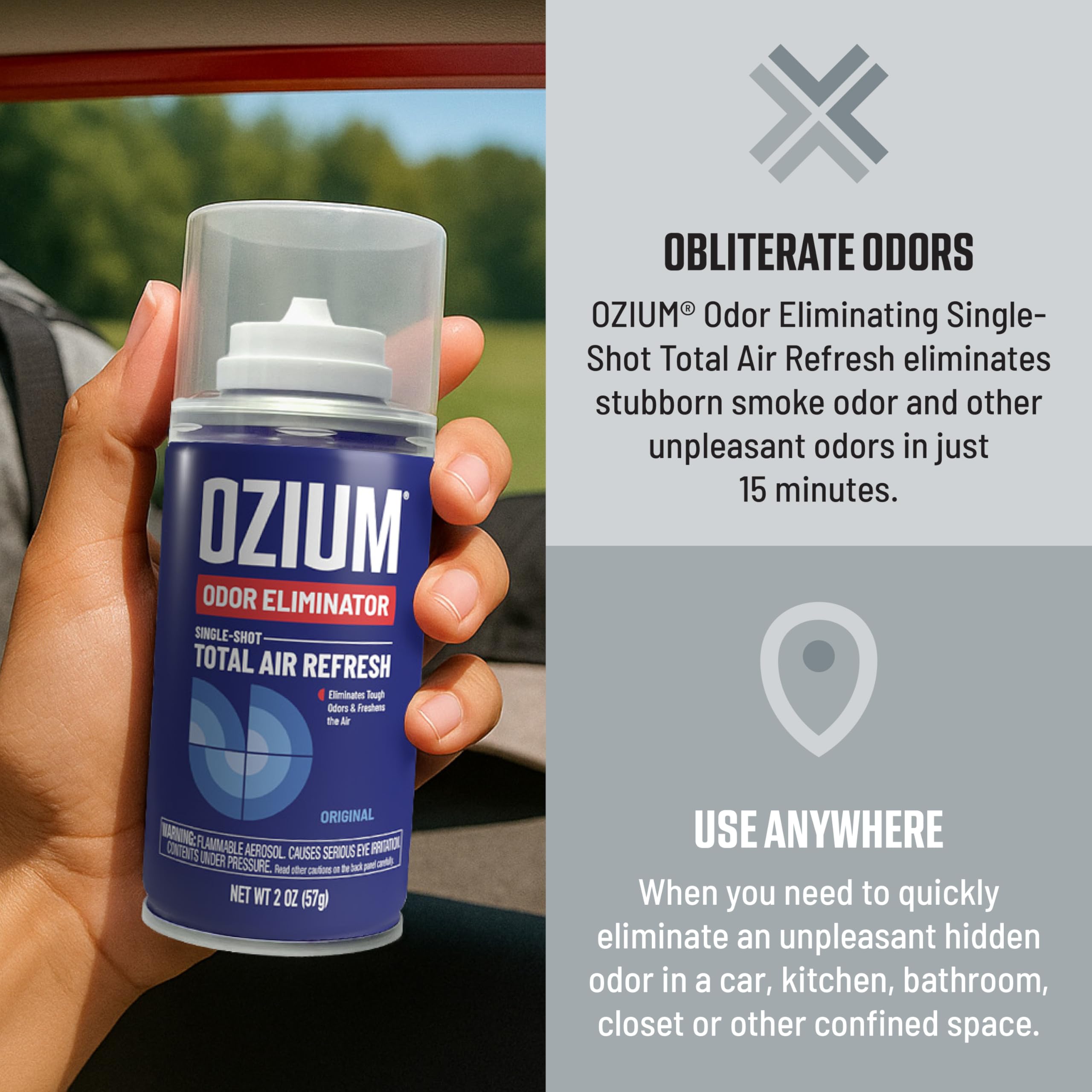 Ozium instant-refresh car odor control for quick scent reset during daily commutes.