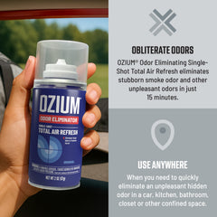 Ozium instant-refresh car odor control for quick scent reset during daily commutes.