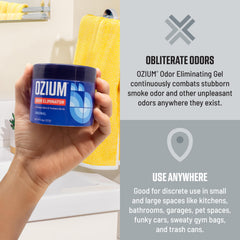 Ozium Outdoor Essence gel for larger spaces refreshes air in kitchens and garages.
