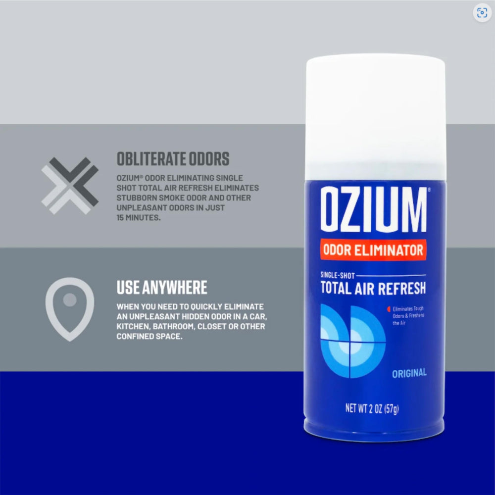 Ozium odor-elimination spray shown clear, refreshing cabin air after use