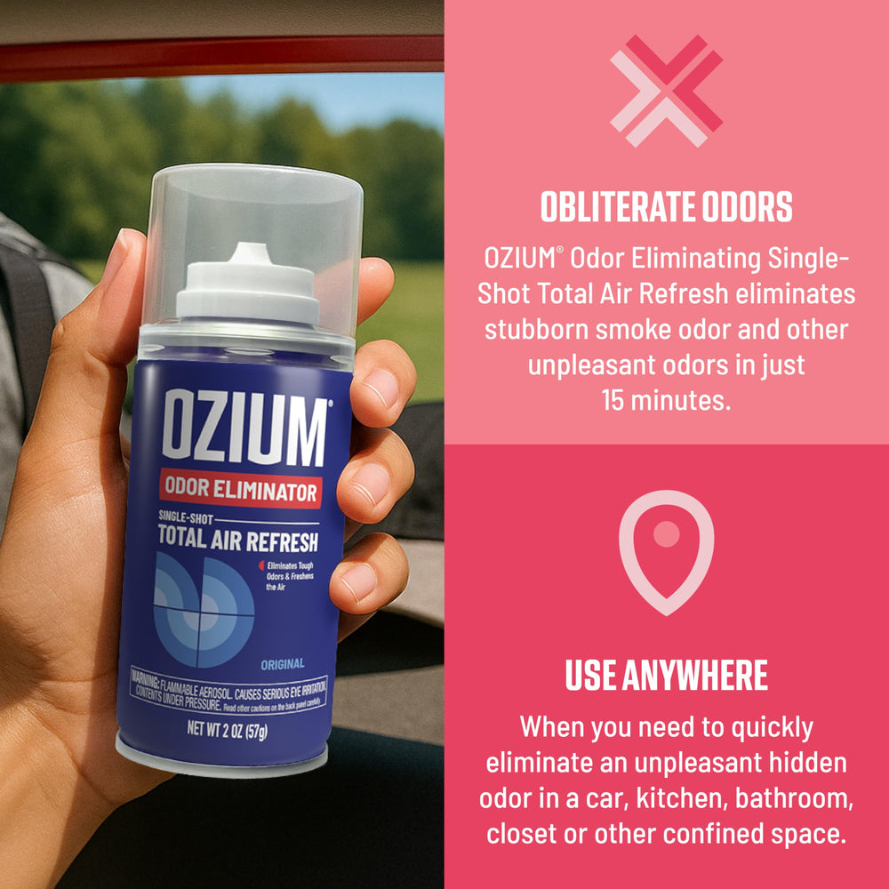 Ozium odor eliminator spray application demonstrates fast freshening