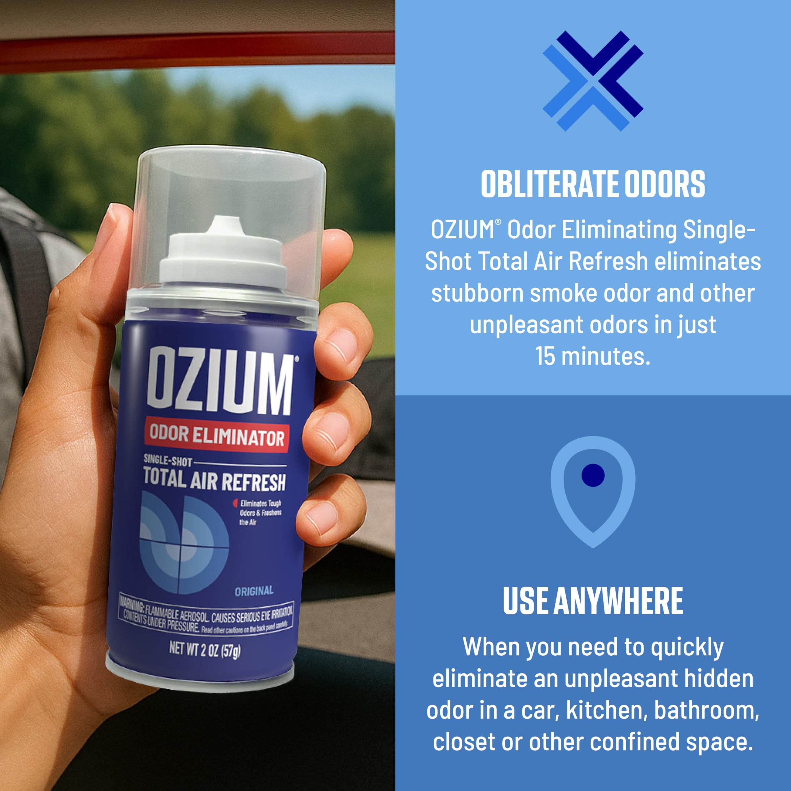 Ozium Original car interior refresh highlights a clean, odor-free cabin environment.