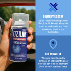 Ozium Original car interior refresh highlights a clean, odor-free cabin environment.