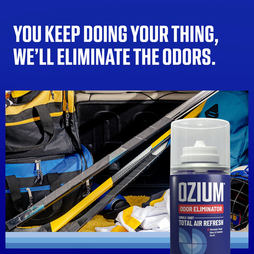 Ozium Original spray action demonstrates quick odor removal for car interiors.