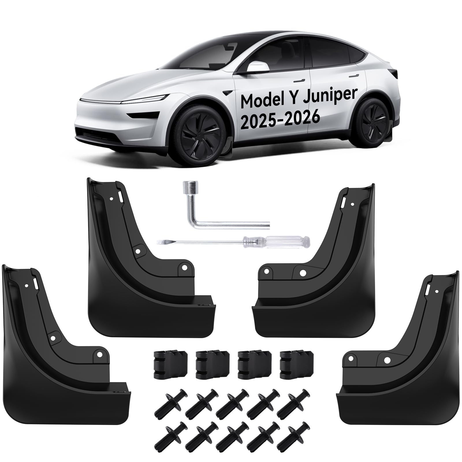 OZPYKAE Juniper mud flaps on Tesla Model Y protect paint and reduce spray on wet roads.