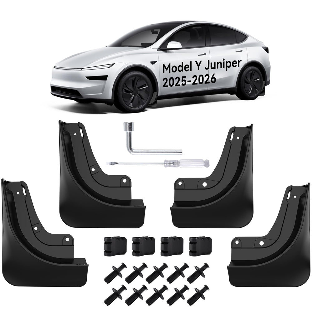 OZPYKAE Juniper mud flaps on Tesla Model Y protect paint and reduce spray on wet roads.