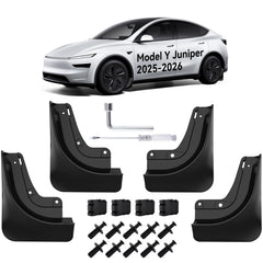 OZPYKAE Juniper mud flaps on Tesla Model Y protect paint and reduce spray on wet roads.