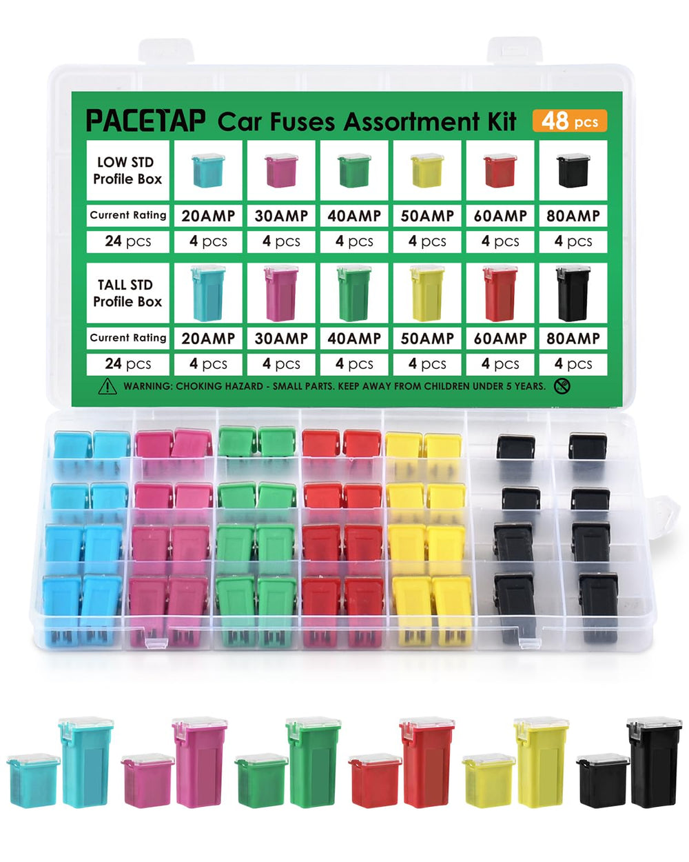 PACETAP 48pcs tall low-profile fuse kit for quick roadside replacement