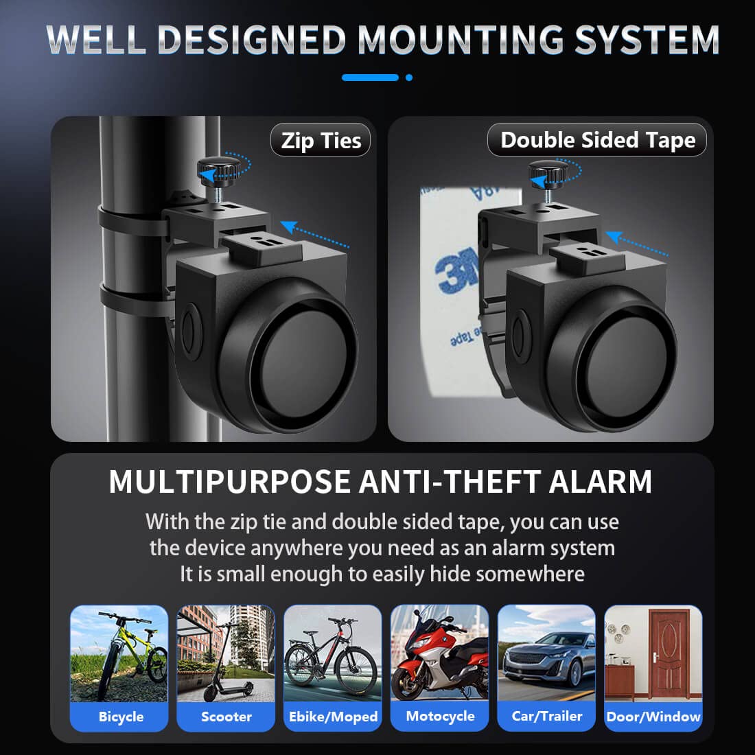 PADONOW IPX5 waterproof alarm suitable for bicycles, scooters, cars and more.