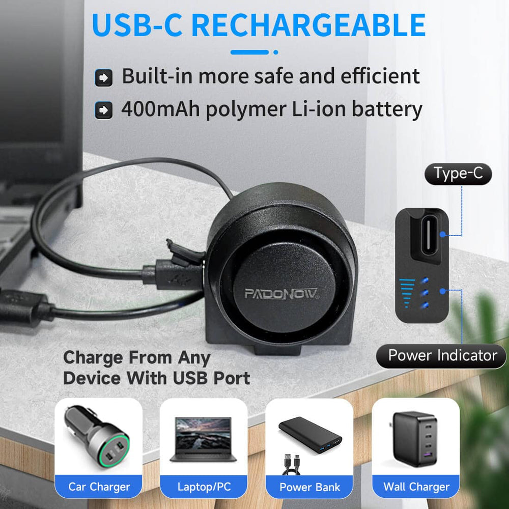 PADONOW USB-C rechargeable battery powering long standby and quick recharges.
