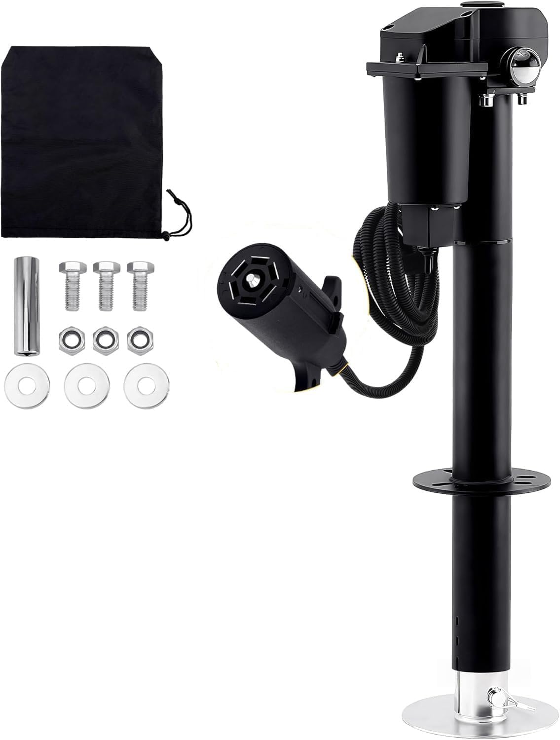 Pafessa 12V tongue jack front view with 7-pin plug for easy trailer operation