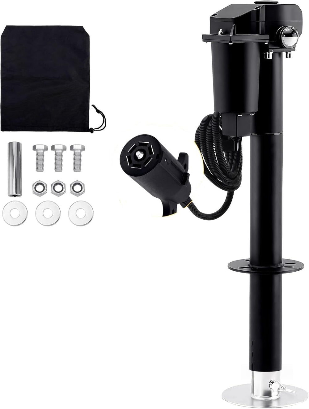 Pafessa 12V tongue jack front view with 7-pin plug for easy trailer operation