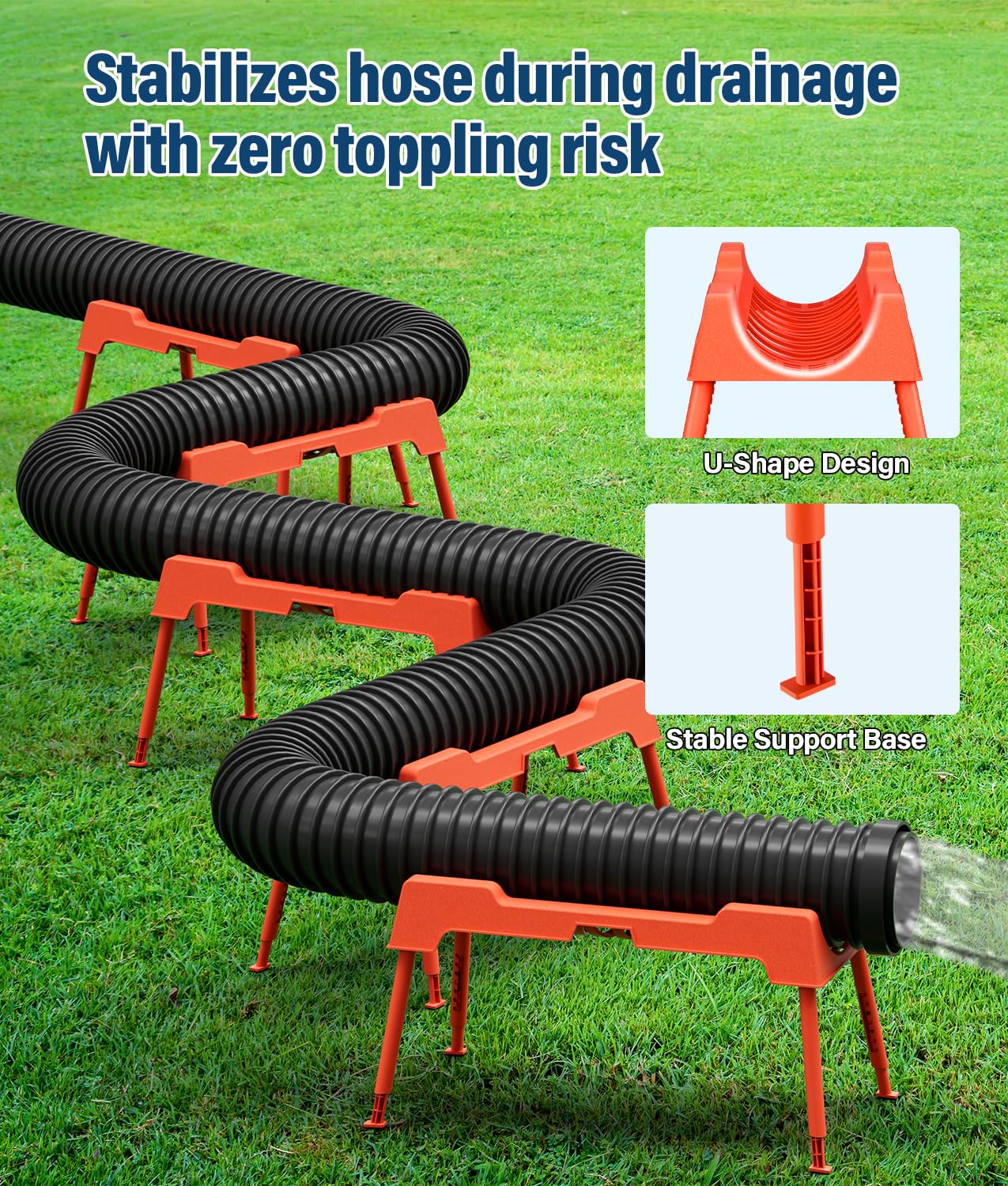 PAHTTO adjustable-height sewer support keeps hoses aligned for smooth drainage.