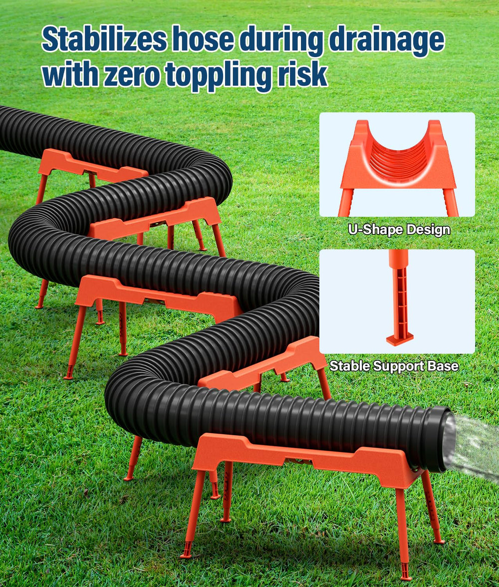 PAHTTO adjustable-height sewer support keeps hoses aligned for smooth drainage.