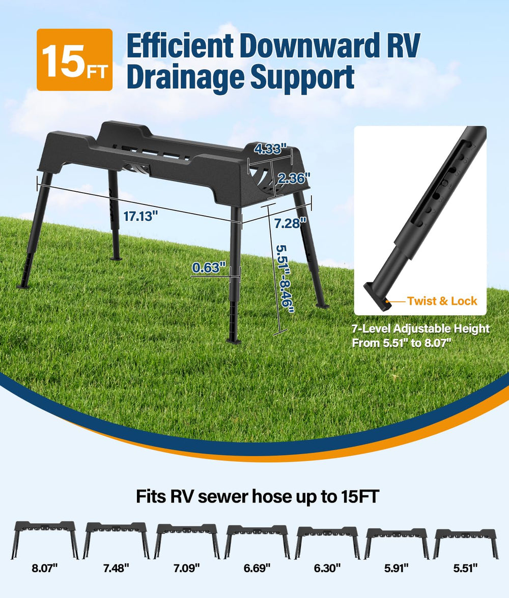 PAHTTO RV sewer hose support with seven sections enables adjustable height for precise hose alignment.