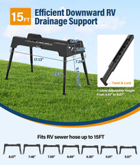 PAHTTO RV sewer hose support with seven sections enables adjustable height for precise hose alignment.