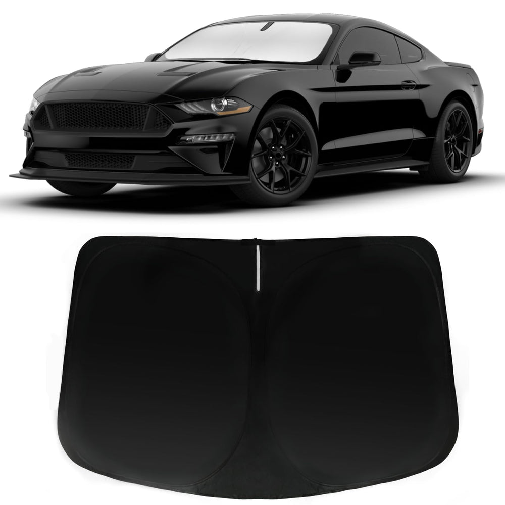 PAIMOHO windshield sun shade installed on Mustang for precise fit and interior protection.