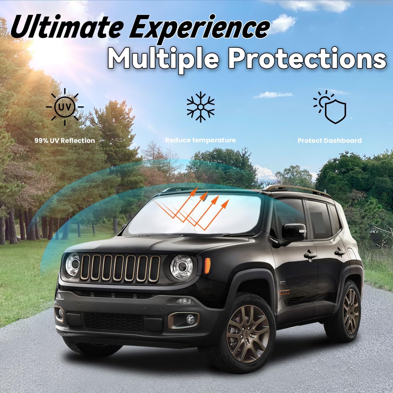 PAIMOHO 240T polyester sunshade with reflective layer protects the dashboard.