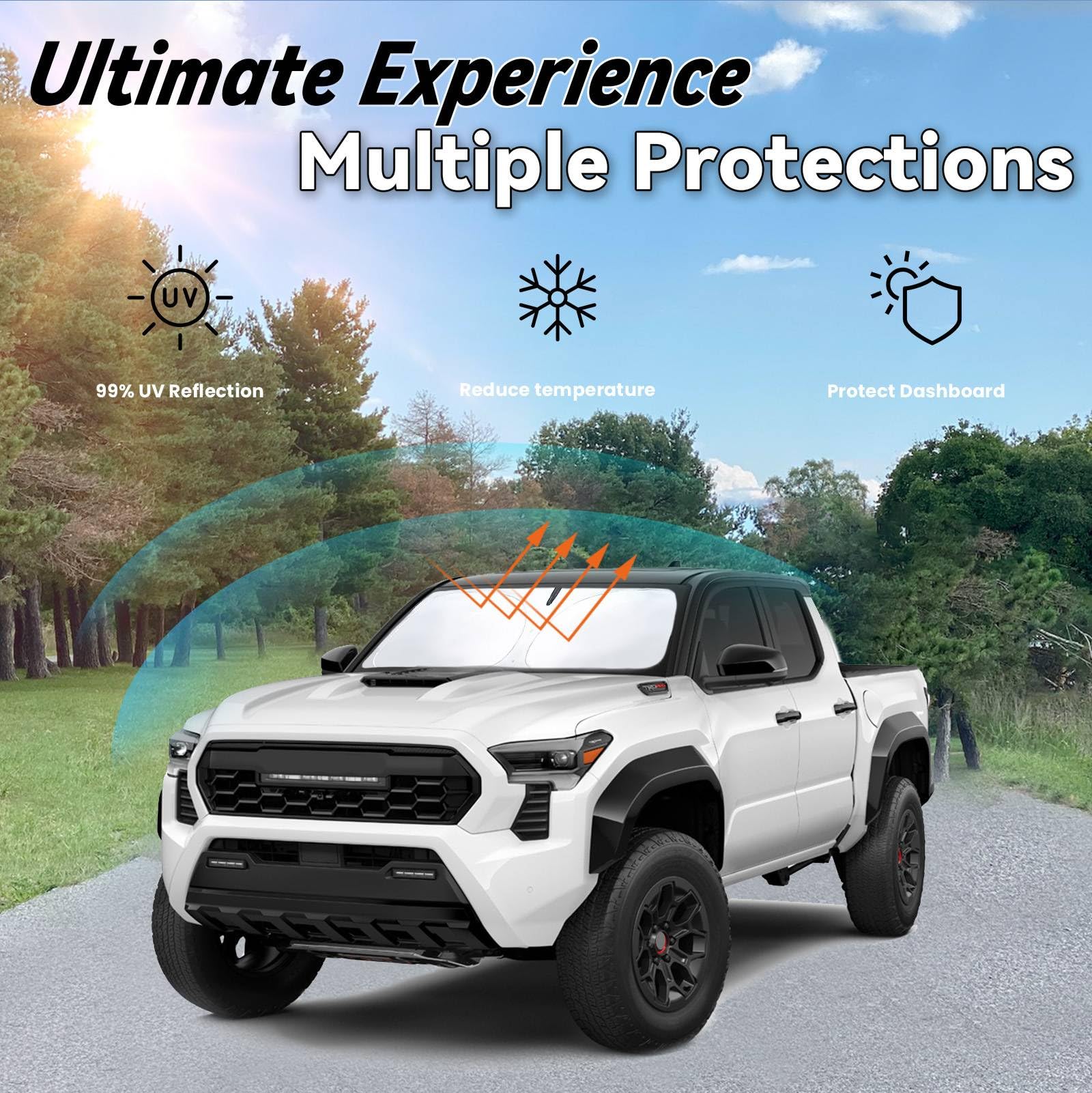 PAIMOHO Tacoma sunshade reflective silver layer deflects sunlight to protect interior.