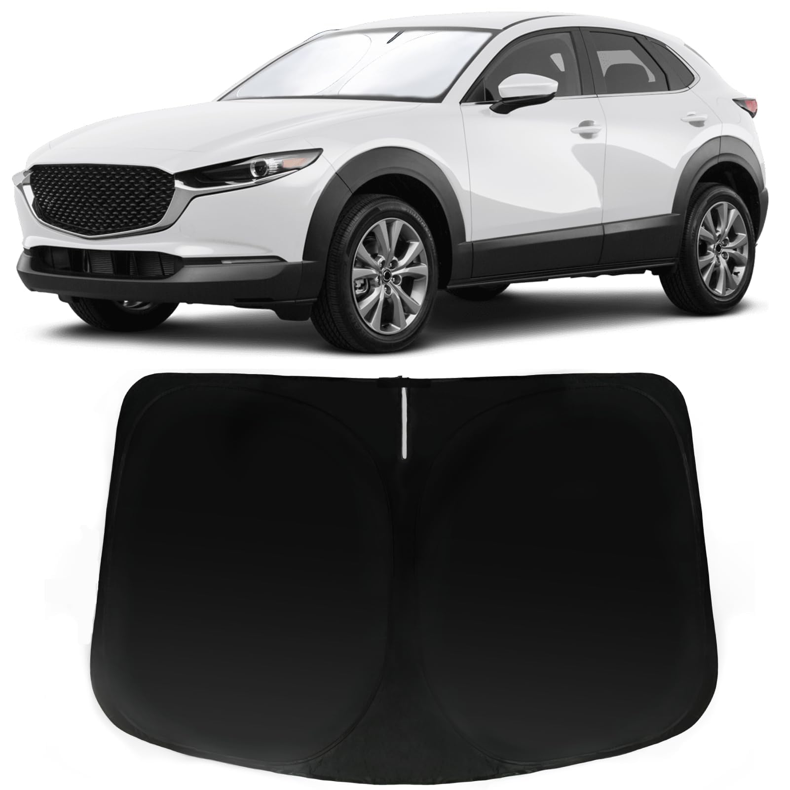 PAIMOHO windshield sun shade on Mazda CX-30 front window blocks UV rays and glare.