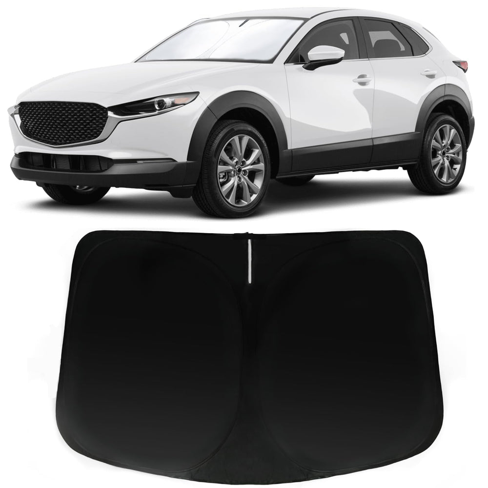 PAIMOHO windshield sun shade on Mazda CX-30 front window blocks UV rays and glare.