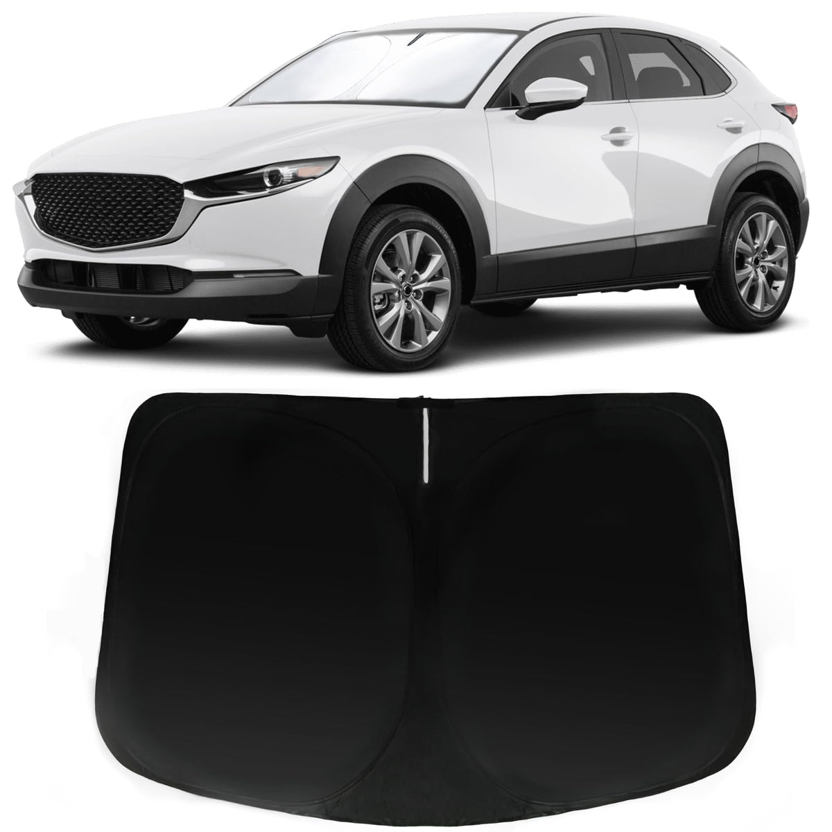 PAIMOHO windshield sun shade on Mazda CX-30 front window blocks UV rays and glare.