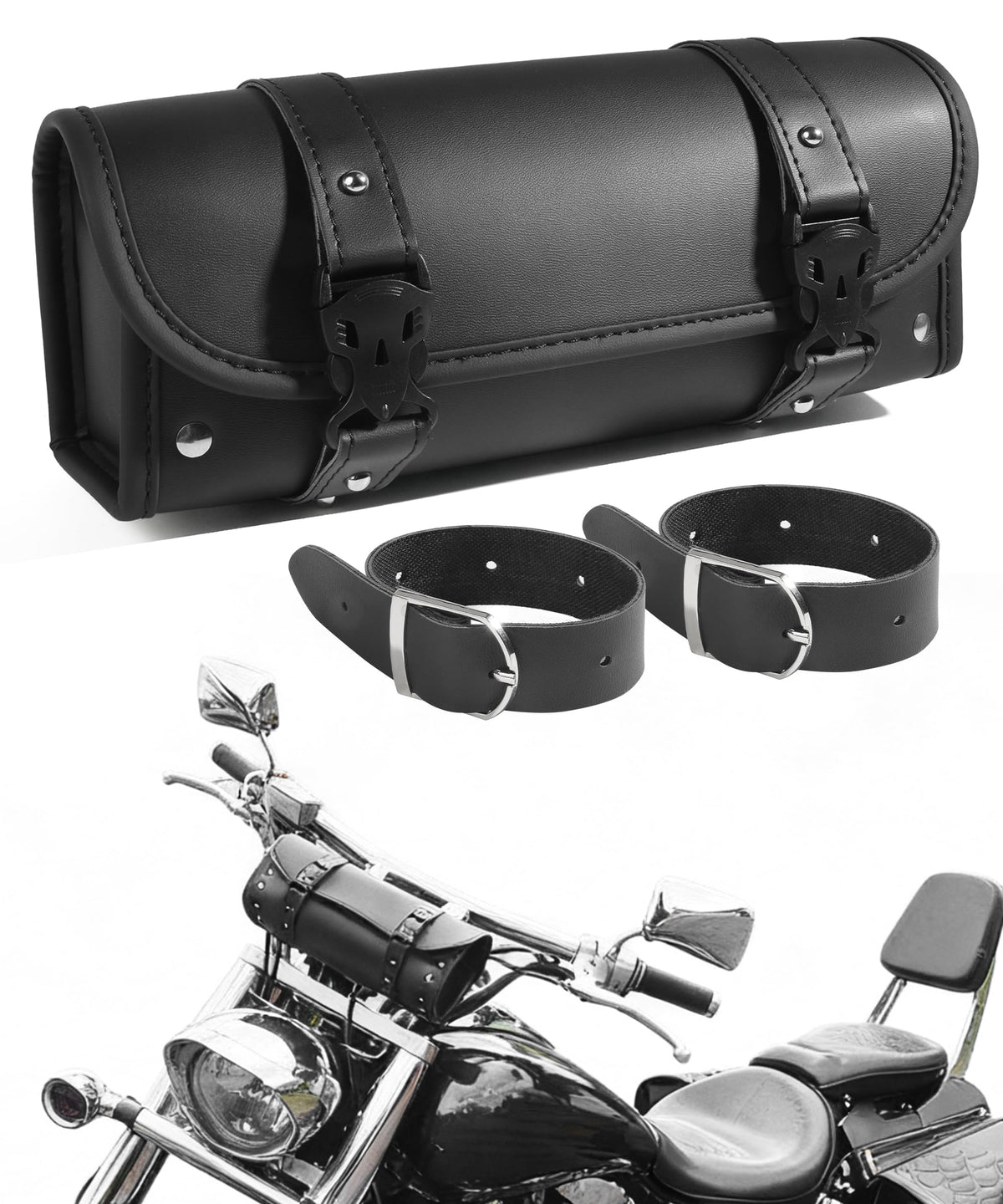 PAIYUE motorcycle handlebar bag side view highlighting durable PU leather