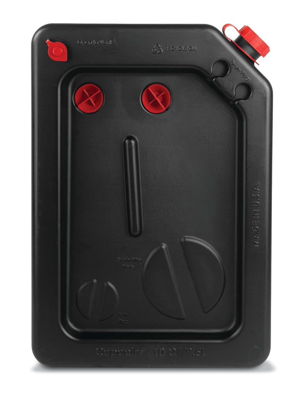 PAK Premium oil drain pan with tethered cap for secure transport of used fluids.