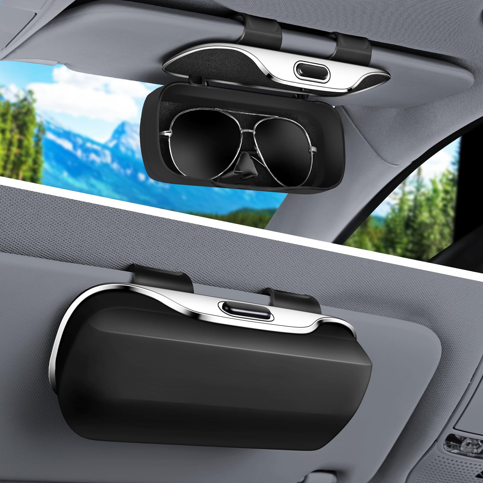 Pakanana visor sunglasses holder in black offers easy-access storage for driving.