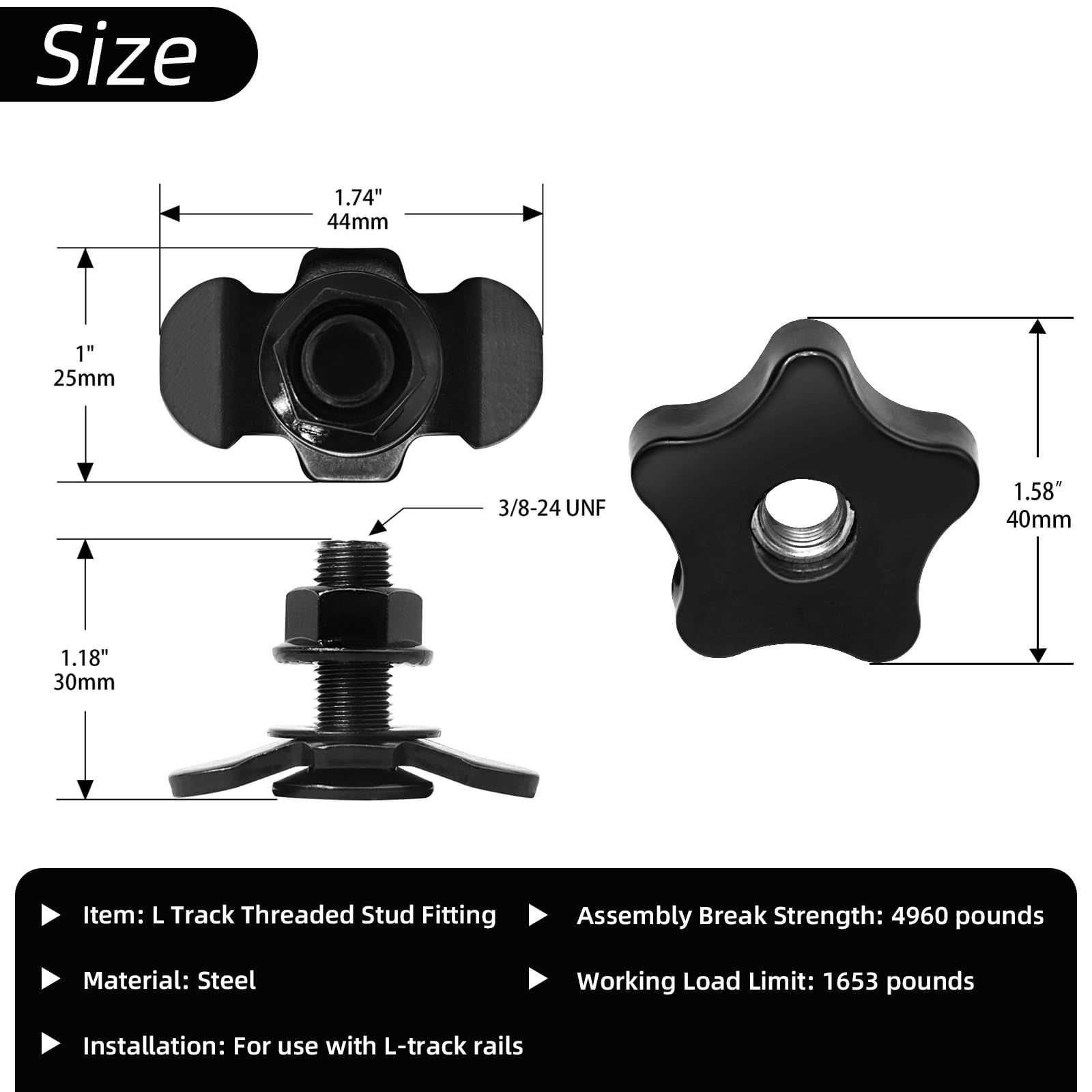 PALOZO knob-equipped fastener on L-Track enables secure mounting.