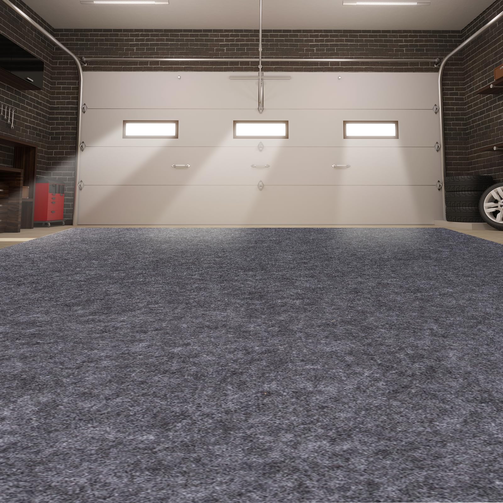 Pandoroom garage mats under car showing oversized protection against spills.