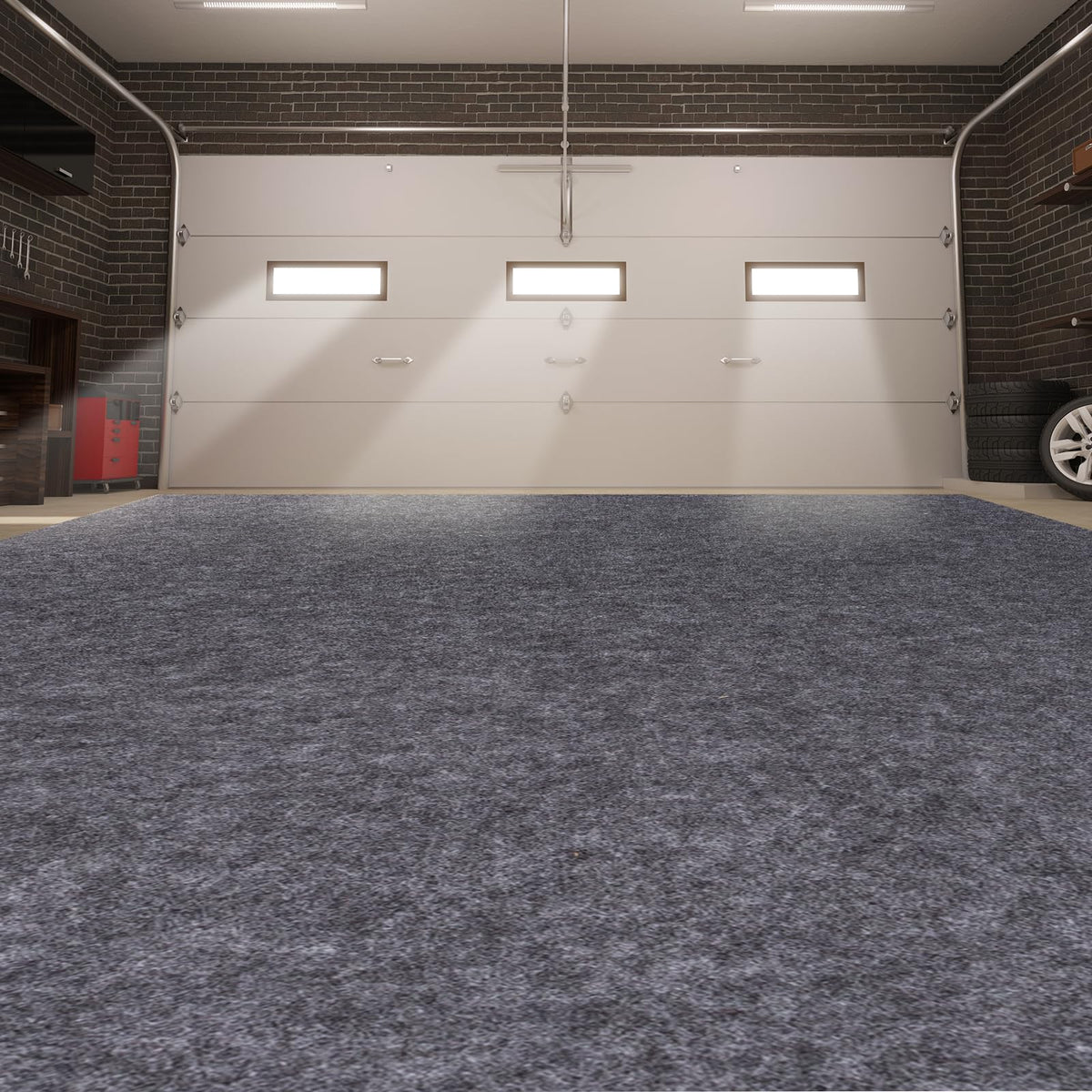 Pandoroom garage mats under car showing oversized protection against spills.