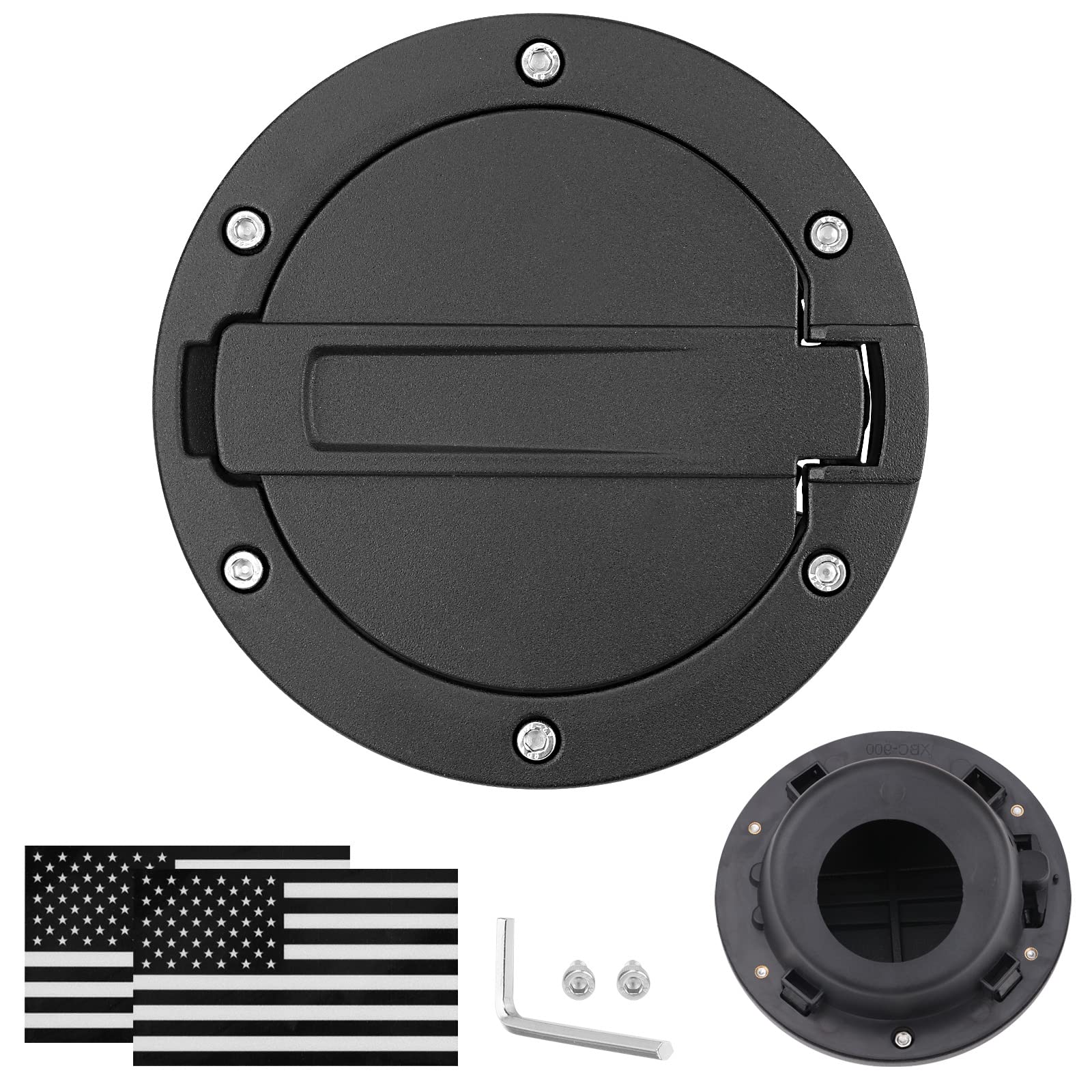 Parfyter fuel filler door cap black front view, enhances Wrangler styling