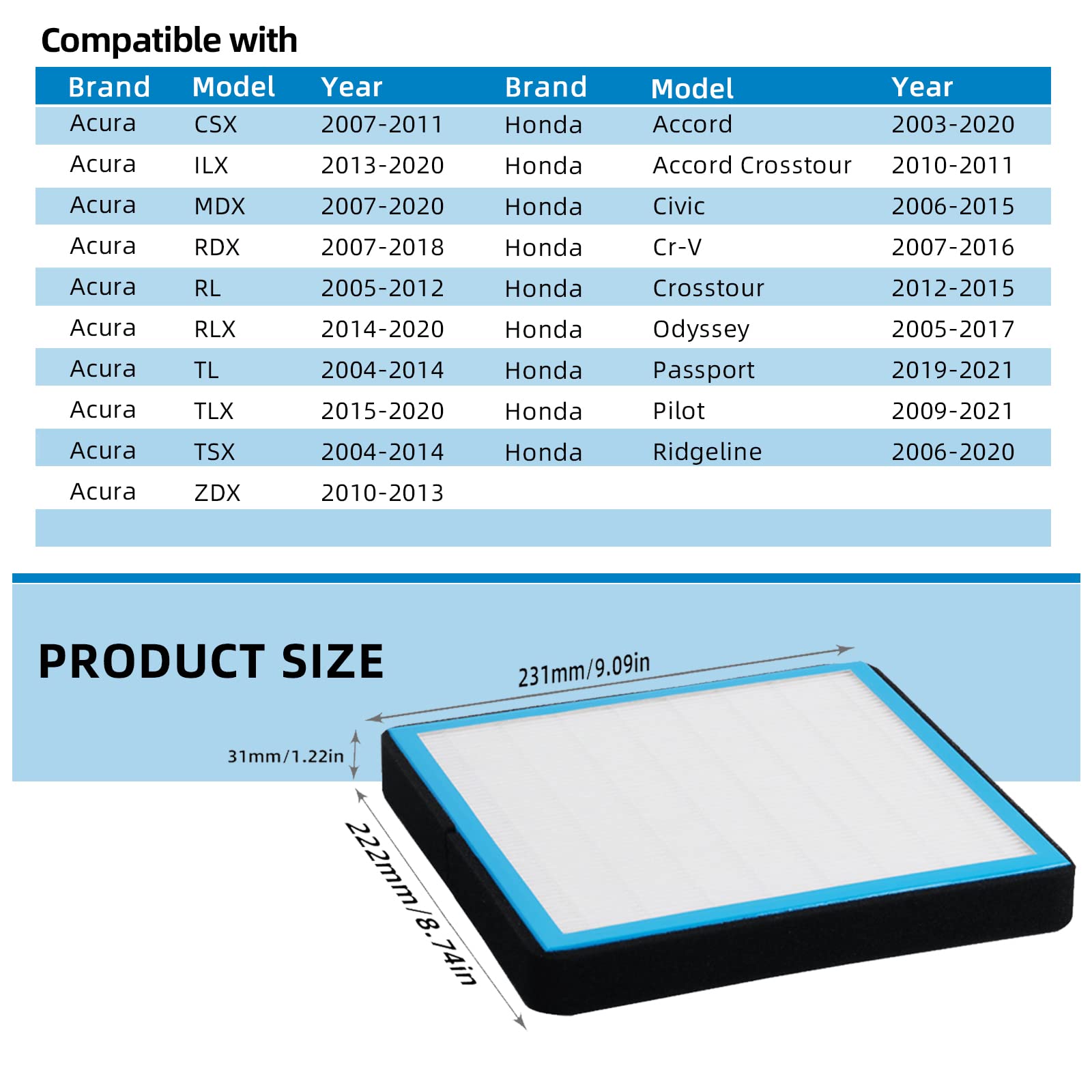Parfyter cabin filter compact design fits multiple Honda and Acura models