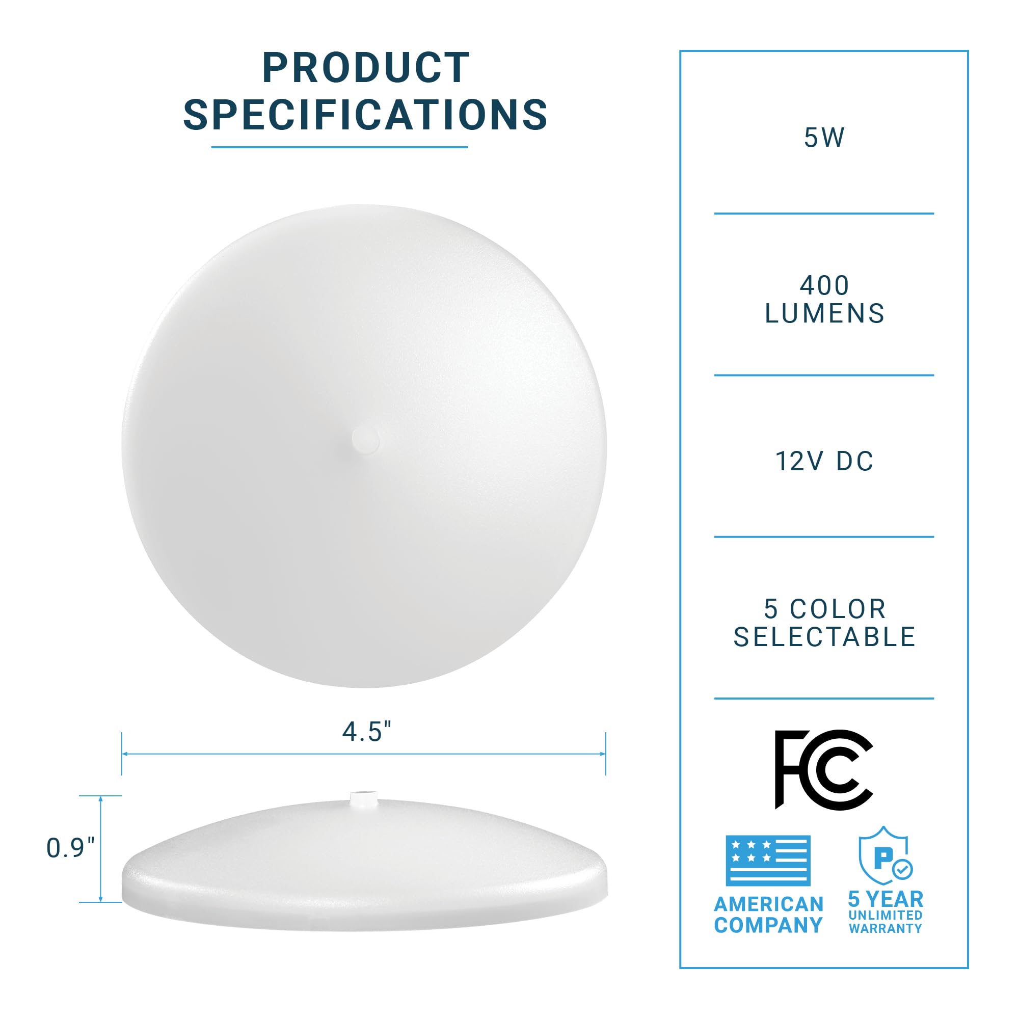 Parmida RV dome light close-up reveals a diffused lens for soft, even illumination.