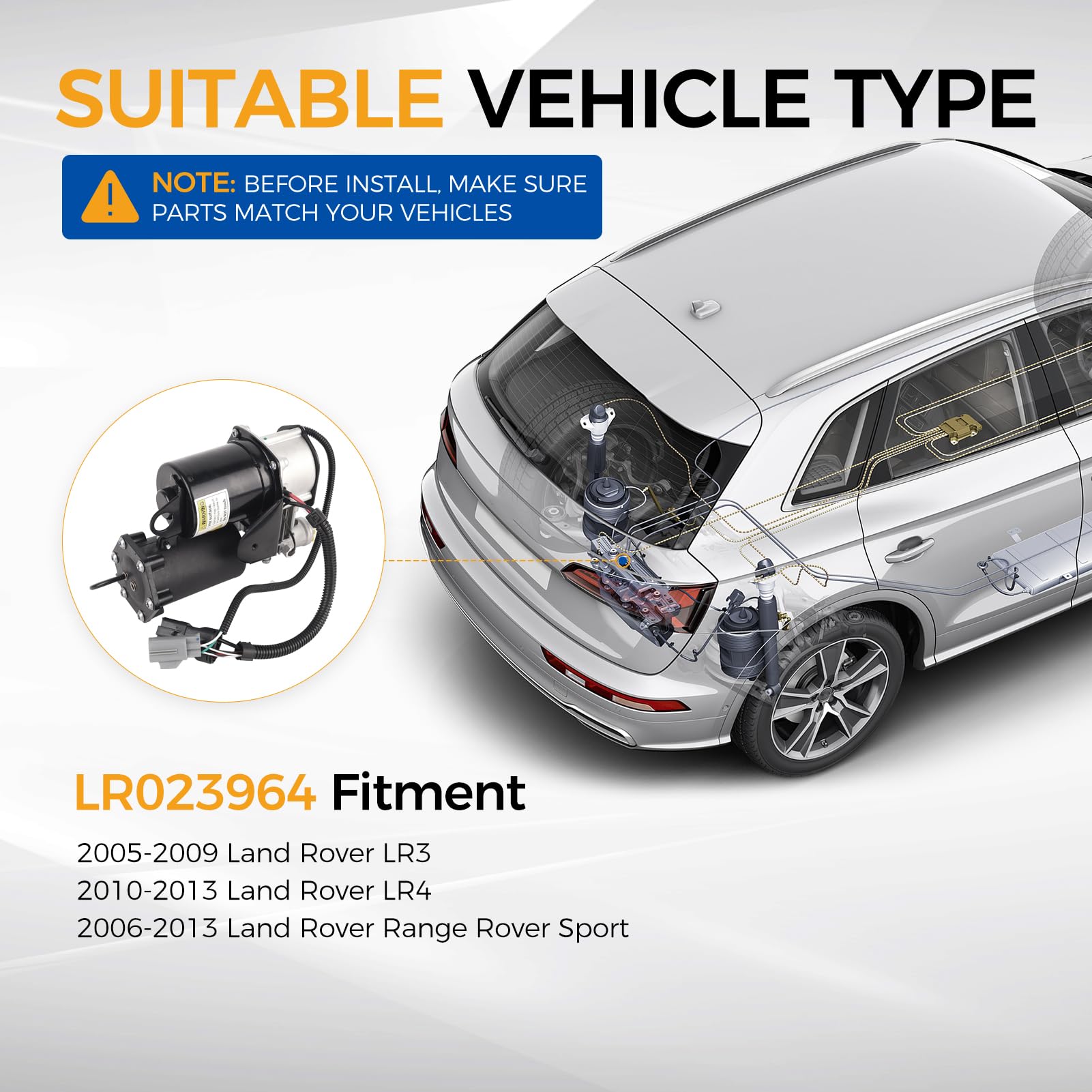 Parod LR023964 air suspension pump rear view, compatible with 6-pin connector systems.