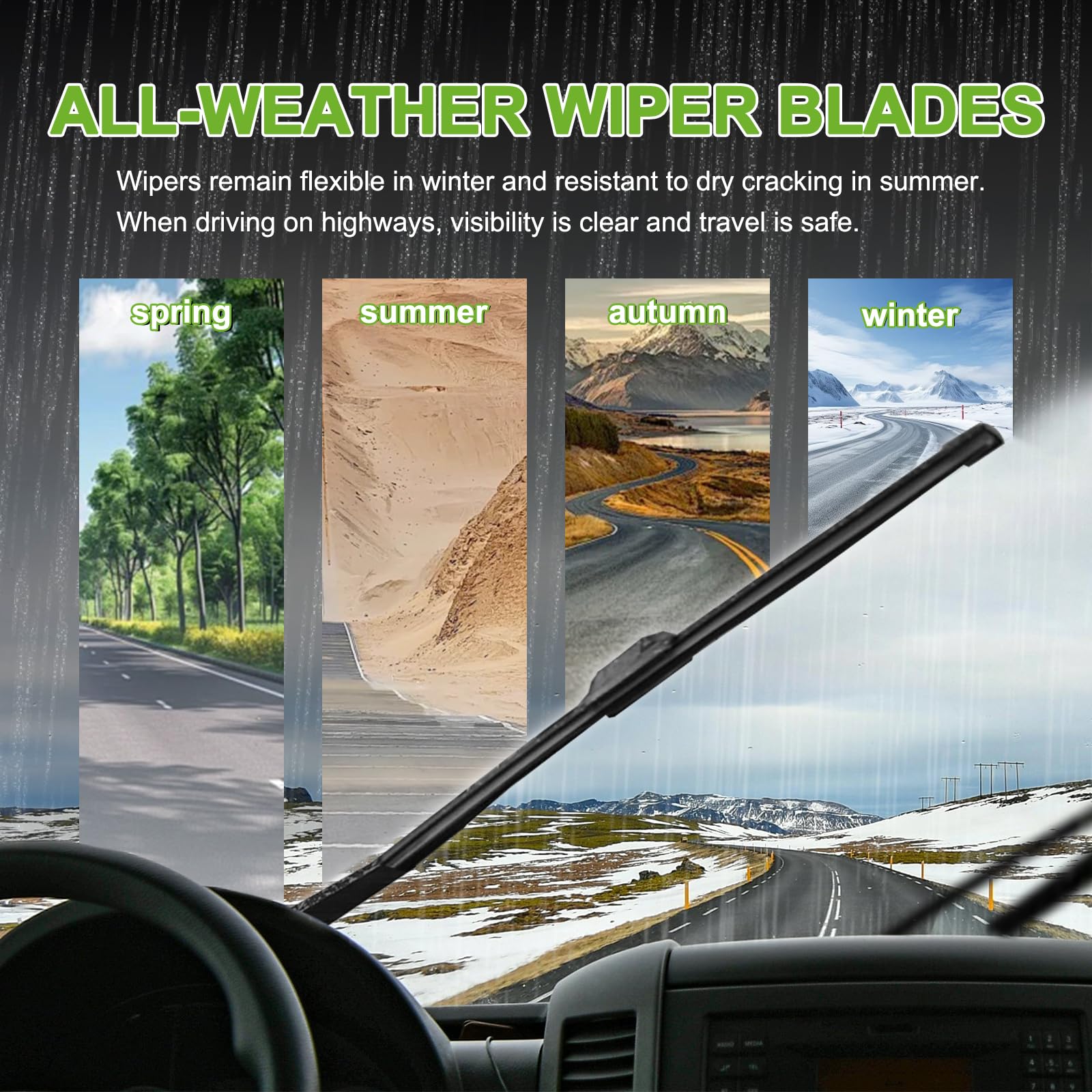 PARRATI all-season flexible rubber wipers resist cracking in heat and cold.