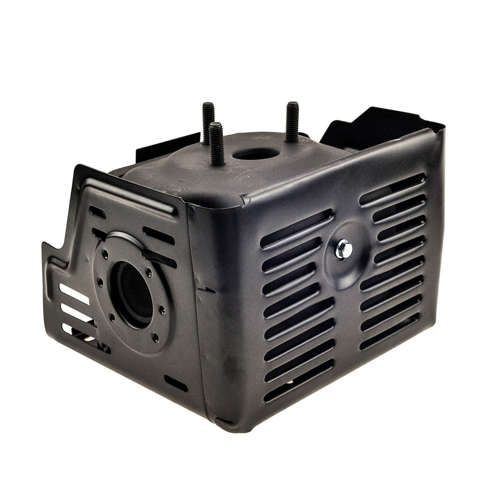 Parts Camp GX390 head shield manifold shown with muffler, protecting exhaust area.