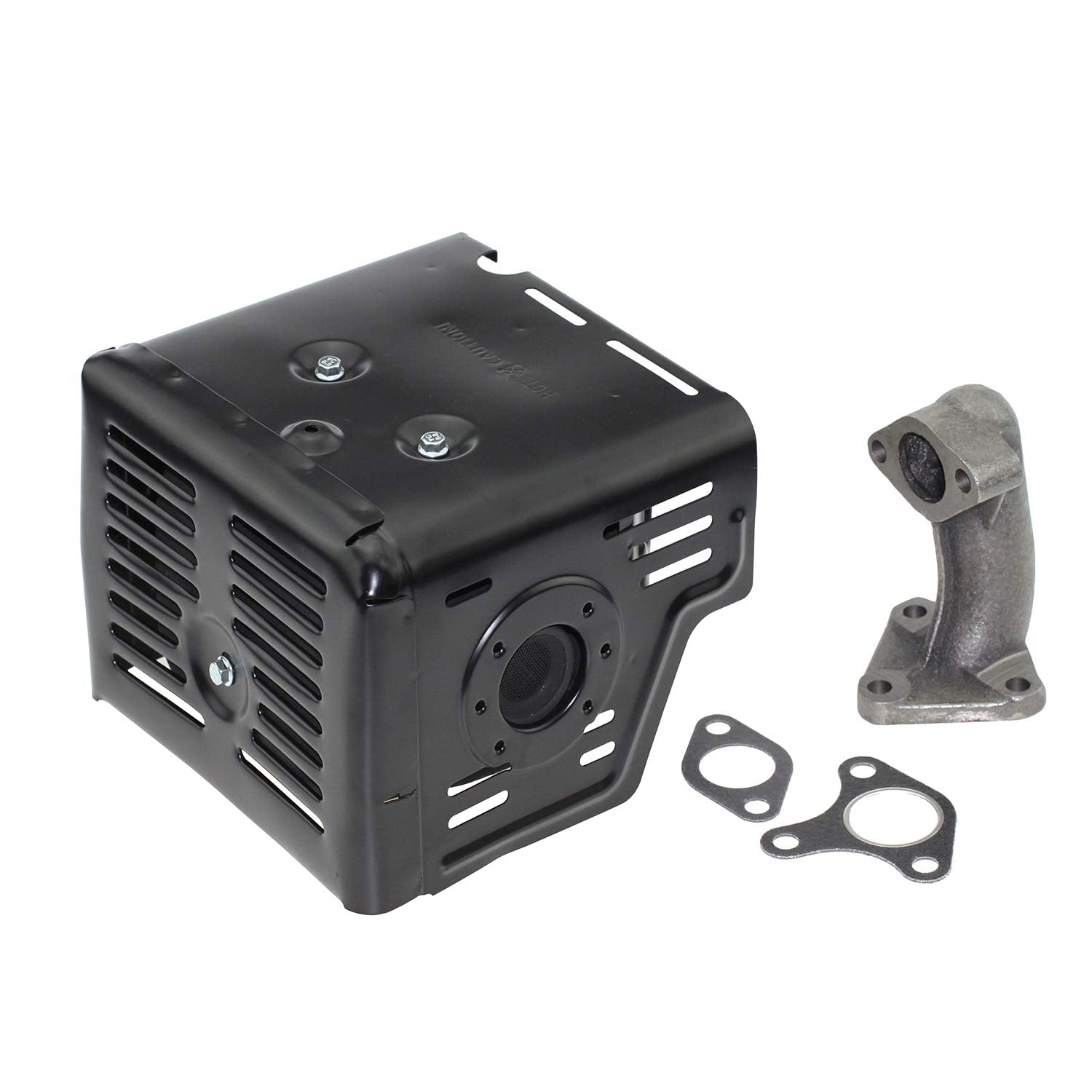 Parts Camp GX390 muffler exhaust unit viewed head-on, highlighting compatibility with GX engines.