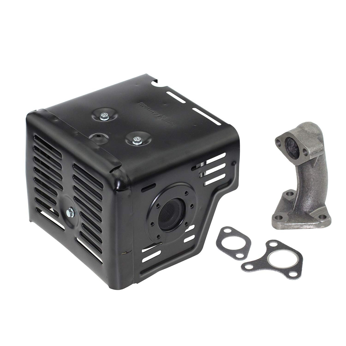 Parts Camp GX390 muffler exhaust unit viewed head-on, highlighting compatibility with GX engines.