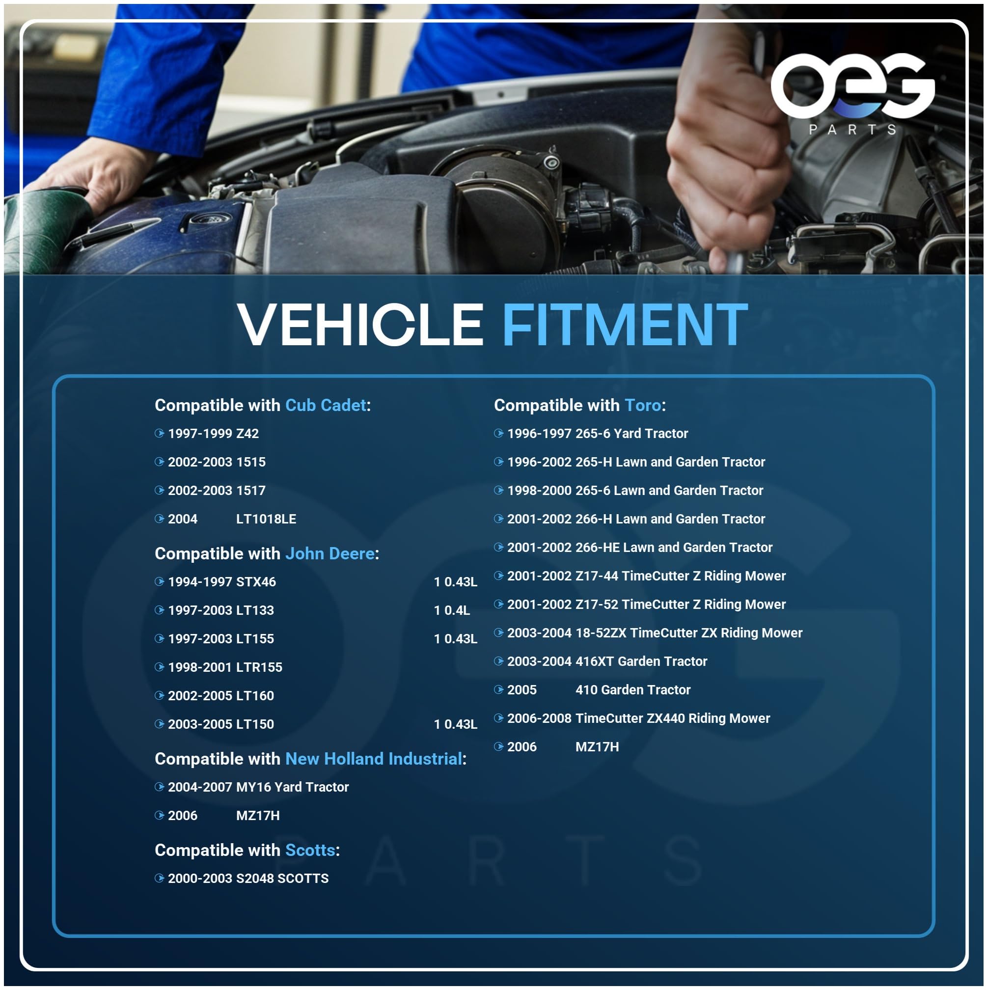 Parts Player OEG starter compatibility chart highlights broad engine compatibility